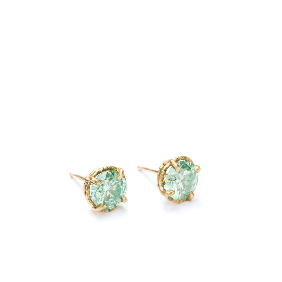 Seafoam | Green Moissanite Stud Earrings 14k Yellow Gold Hammered Halo Setting - MTD