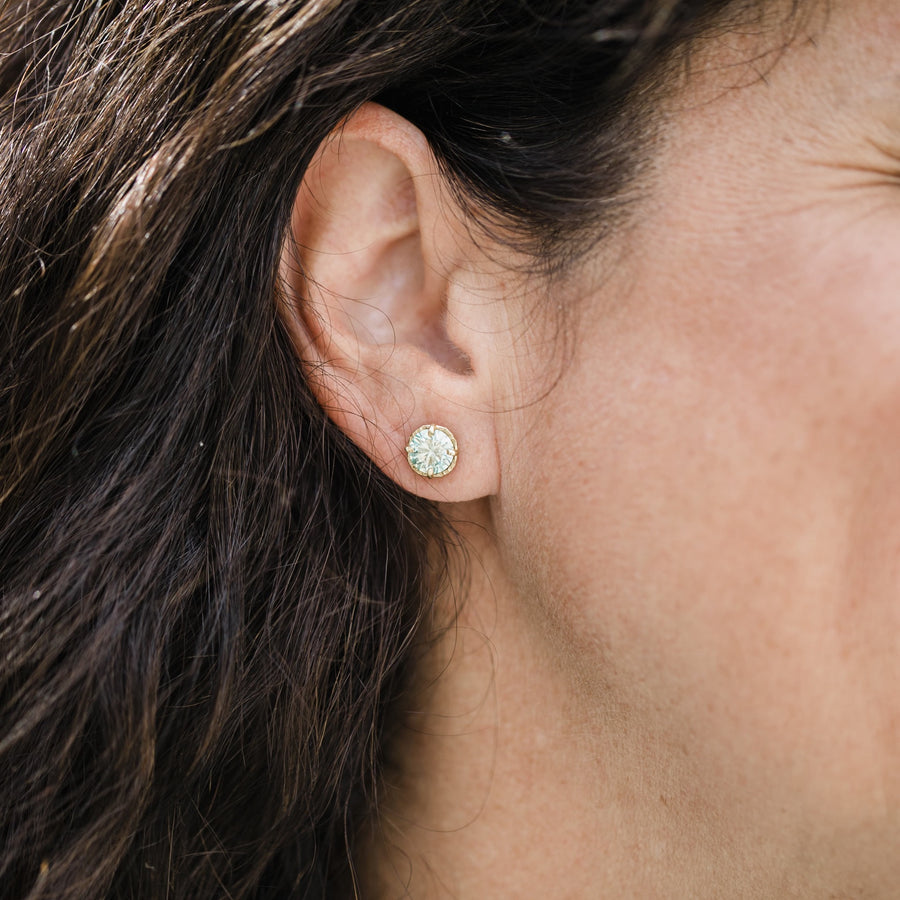 Seafoam | Green Moissanite Stud Earrings 14k Yellow Gold Hammered Halo Setting - MTD