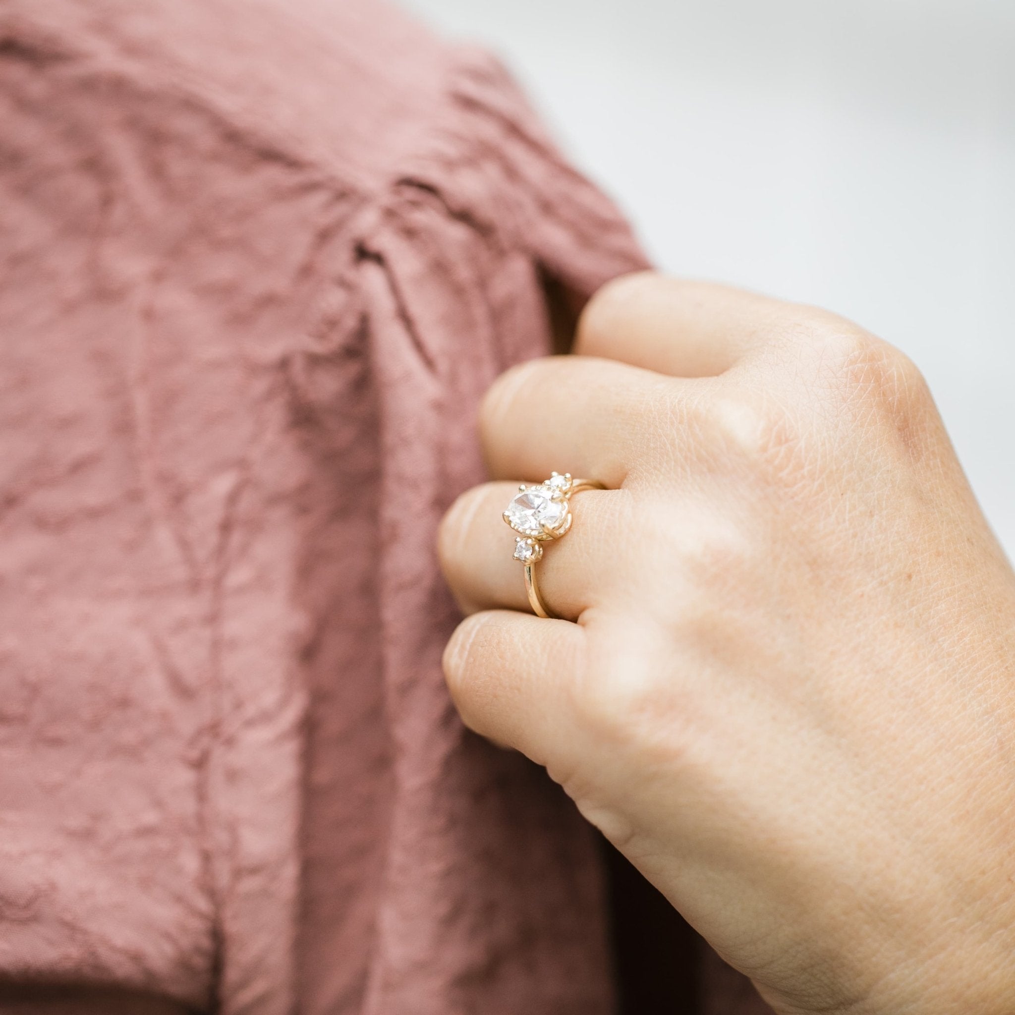 Coco In Diamonds Oval 3 Stone Engagement Ring Hammered Halo - MTD