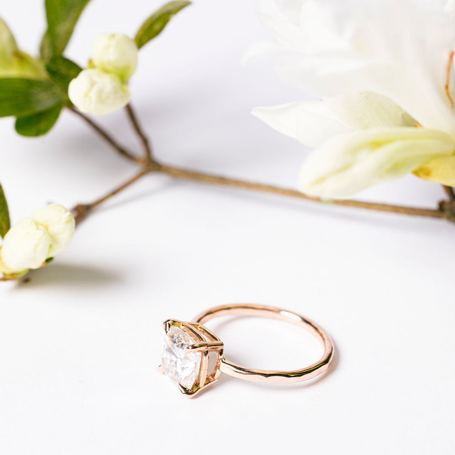 Eva | Cushion Cut Moissanite Engagement Ring Hammered 14k Gold Band - MTD