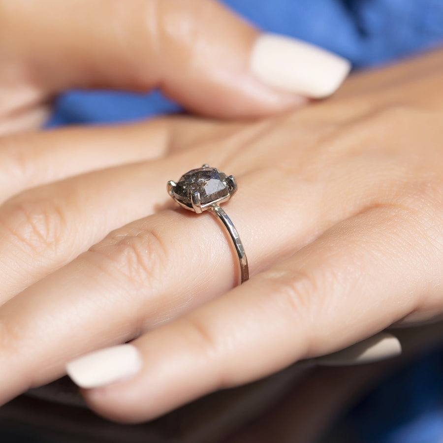 Aimee Salt and Pepper Cushion Cut Engagement Ring 14k Natural Hammered White Gold Aimee - MTD