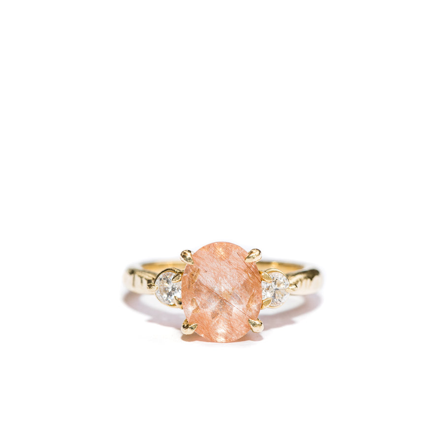 Peach Rutilated Quartz Three Stone with Diamonds 14k Recycled Gold Hammered Band - MTD
