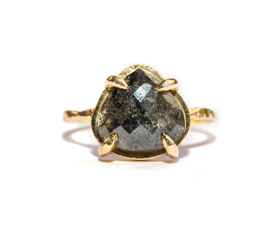 Simone Large Gray Pear Diamond Low Profile Prong Setting Hammered Gold Band - MTD