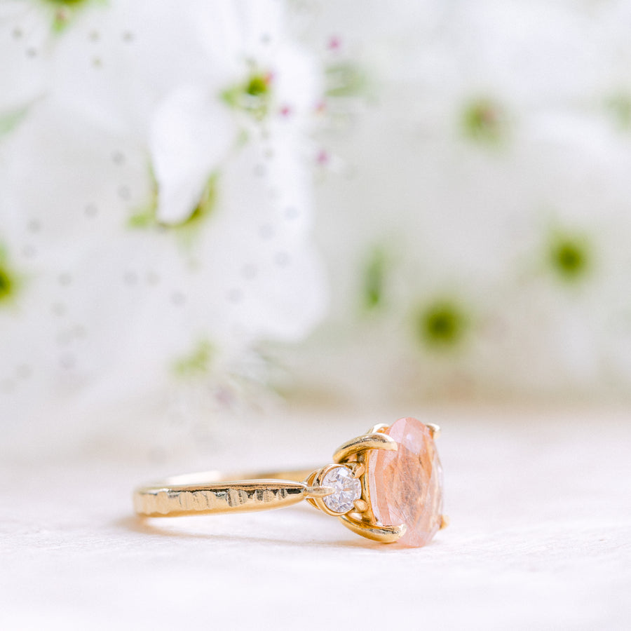Peach Rutilated Quartz Three Stone with Diamonds 14k Recycled Gold Hammered Band - MTD