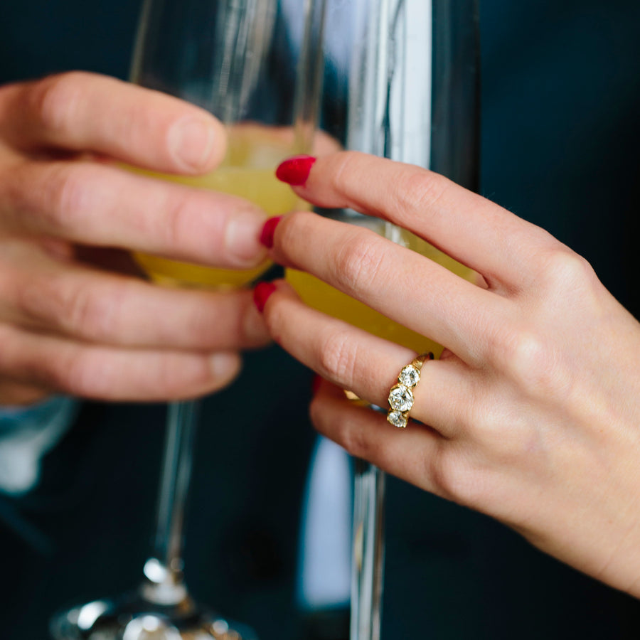 Three Stone Moissanite Engagement Ring | 18k Gold Engagement Ring - Melissa Tyson Designs