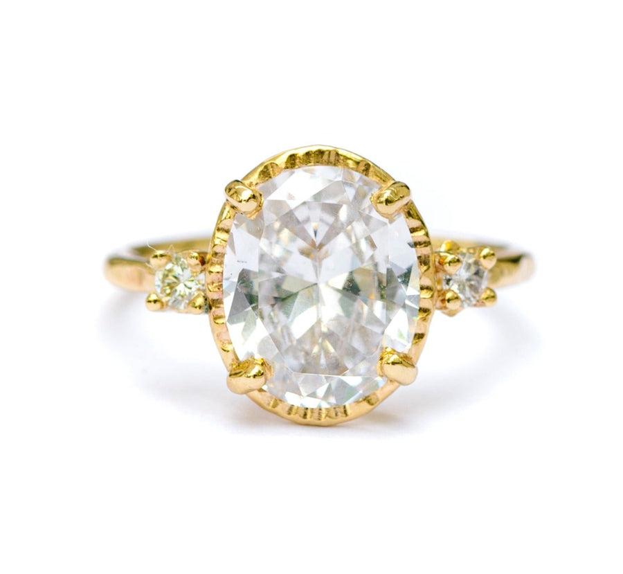Meghan Three Stone Moissanite Engagement Ring Hammered Halo 14k Recycled Gold - Melissa Tyson Designs