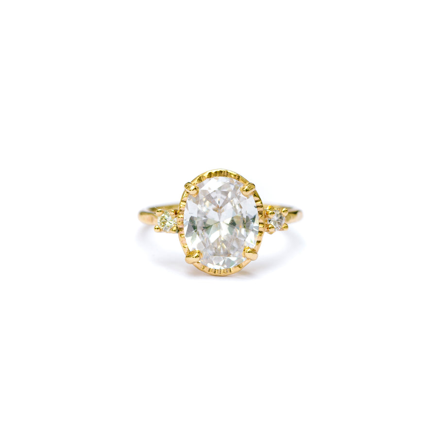 Meghan Three Stone Moissanite Engagement Ring Hammered Halo 14k Recycled Gold - Melissa Tyson Designs