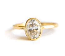 Katrina Oval Moissanite Engagement Ring | Bezel Set Oval Moissanite Engagement Ring Hammered 18k Gold - MTD
