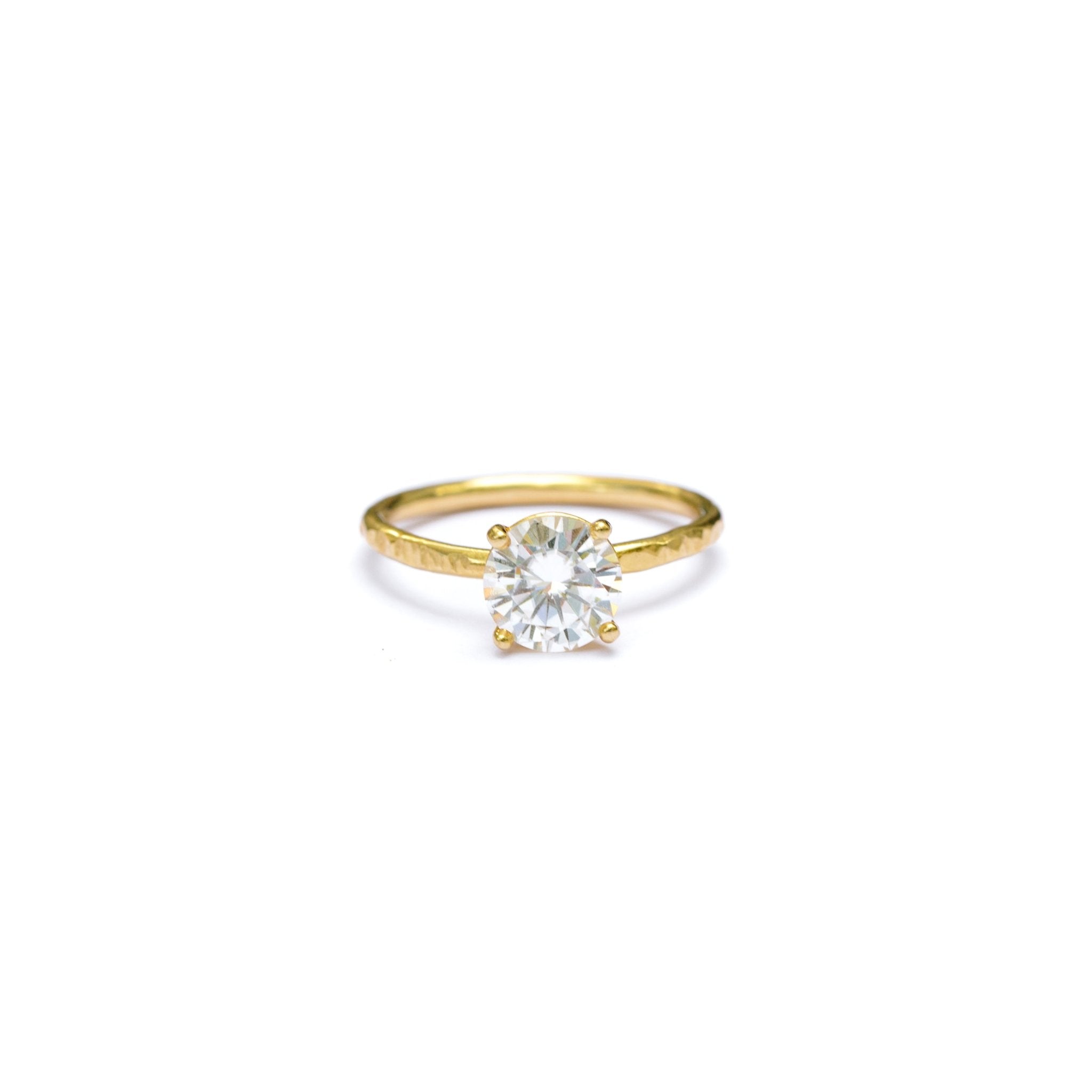 Petite Taylor Hammered | Round Moissanite Solitaire Engagement Ring Hammered 14k Thin Gold Band - MTD