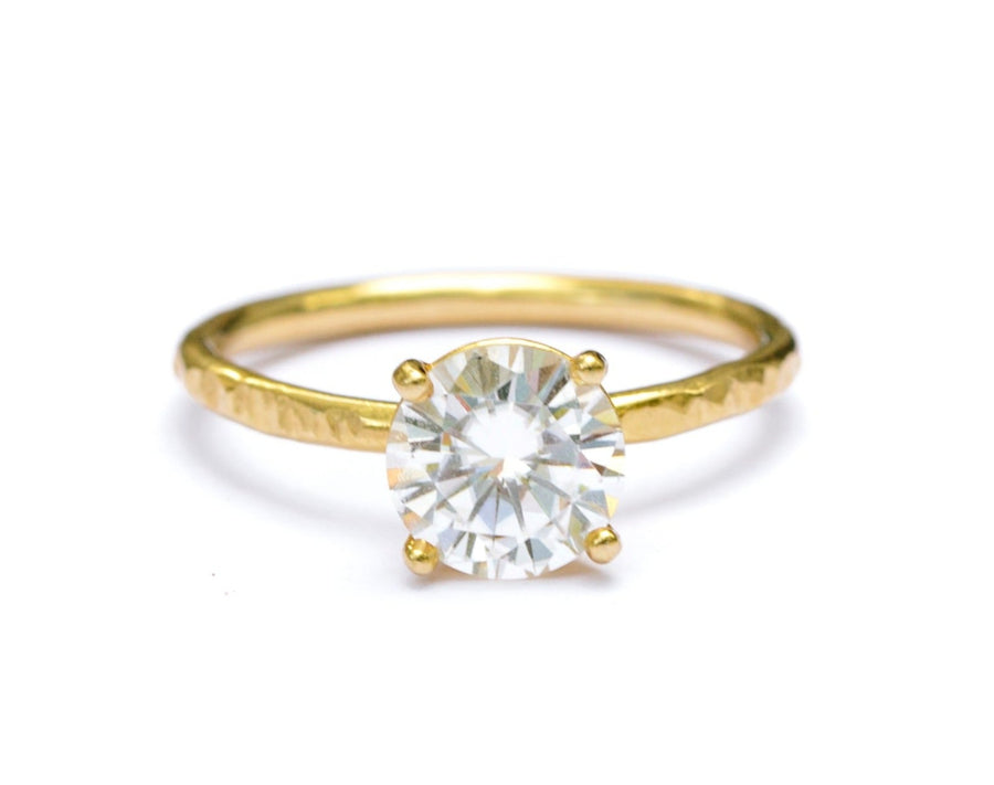 Taylor 2 | Round Moissanite Solitare Engagement Ring Hammered 14k Thin Gold Band - Melissa Tyson Designs