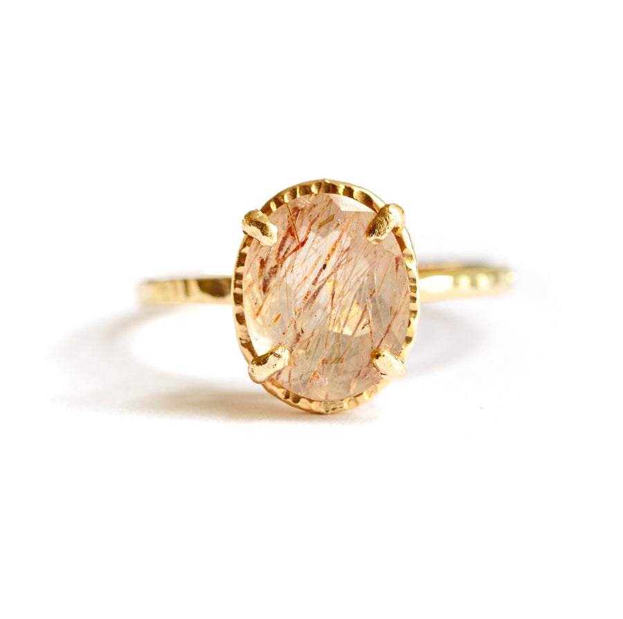 Halo Wisp Rose Rutilated Quartz | Oval Rutilated Quartz Engagement Ring Hammered Gold - Melissa Tyson Designs
