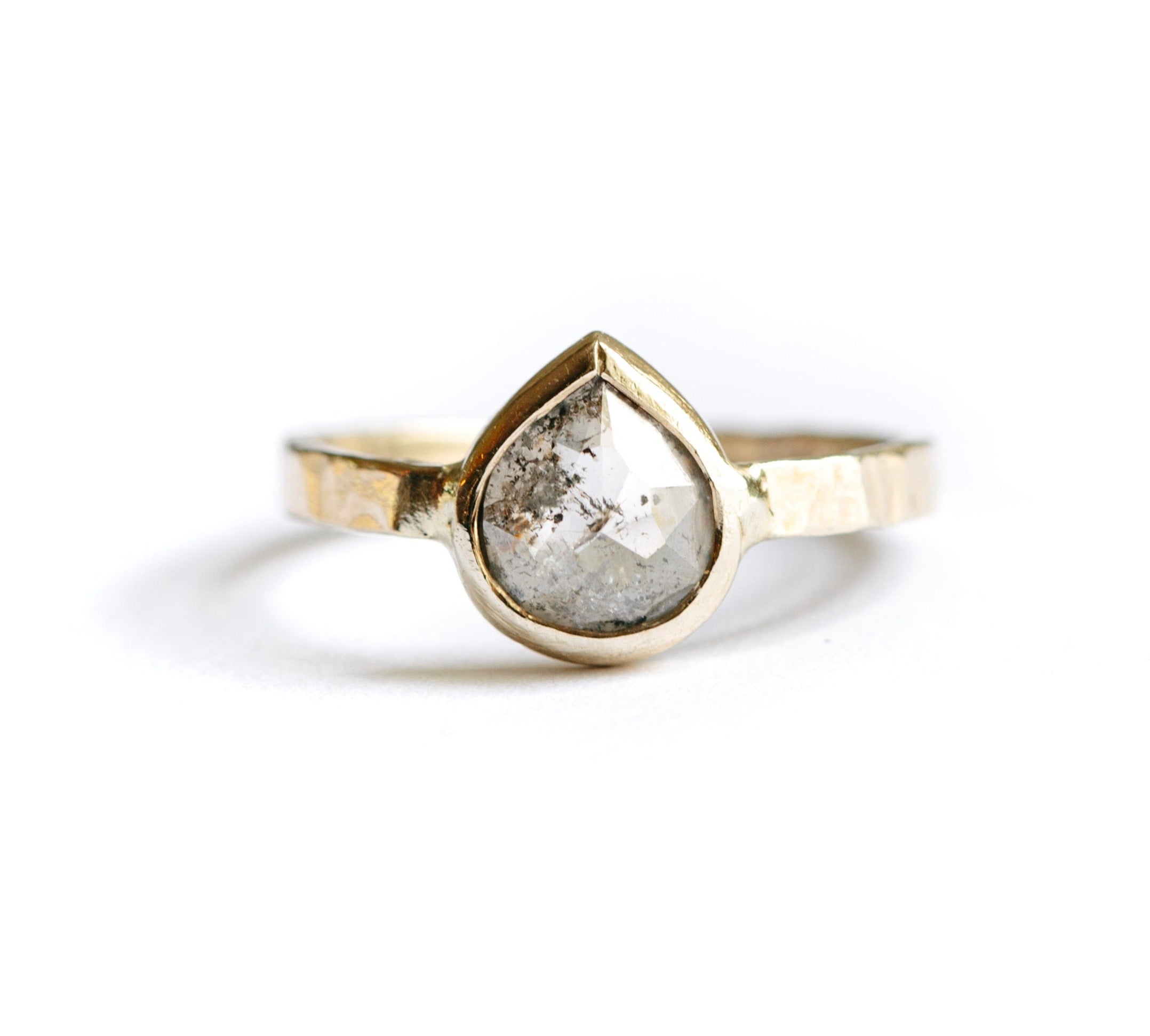 Rustic Salt and Pepper Diamond Pear Engagement Ring with Hammered