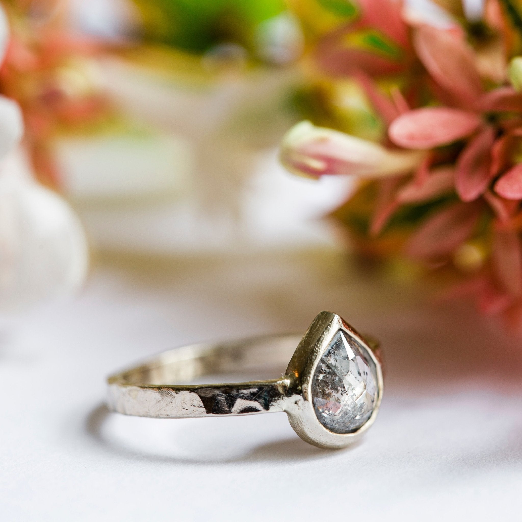 Rain Drops Bezel Set Salt and Pepper Diamond Pear Engagement Ring Hammered 14k White Gold - MTD