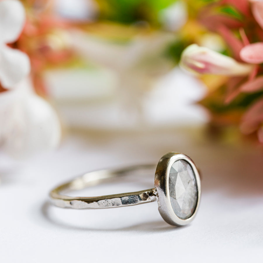 Salt and Pepper Oval Engagement Ring in Natural 14k Hammered White Gold - Melissa Tyson Designs