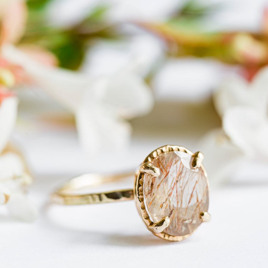 Halo Wisp Rose Rutilated Quartz | Oval Rutilated Quartz Engagement Ring Hammered Gold - Melissa Tyson Designs