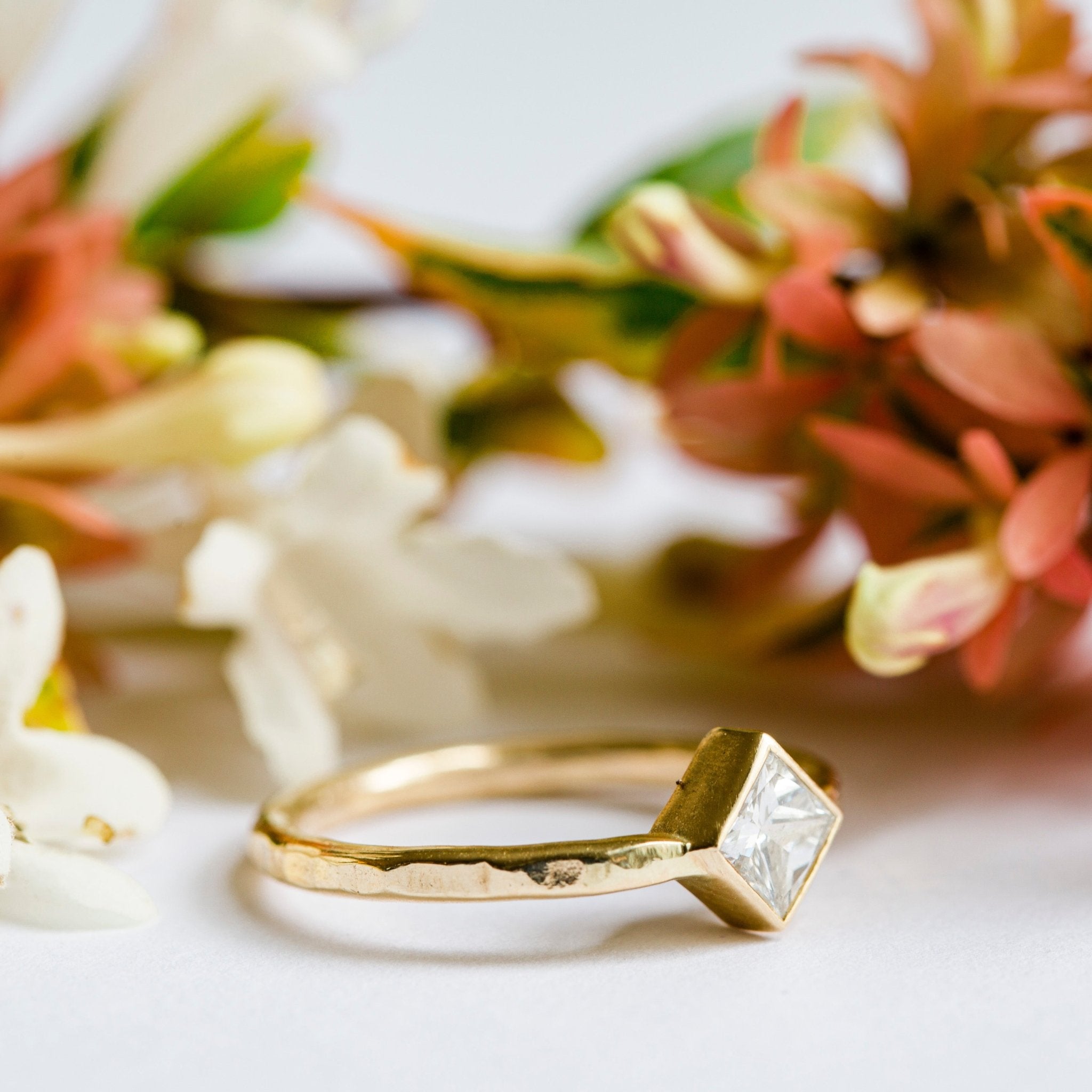 Princess Cut Diamond Bezel Set Engagement Ring Hammered 14k Gold - MTD