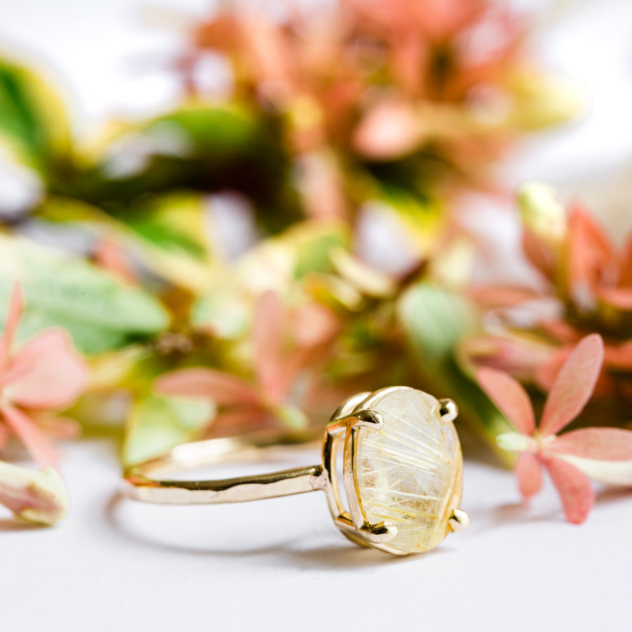 Wisp 3 Golden Rutilated Quartz | Oval Rutilated Quartz Engagement Ring Hammered Gold - Melissa Tyson Designs