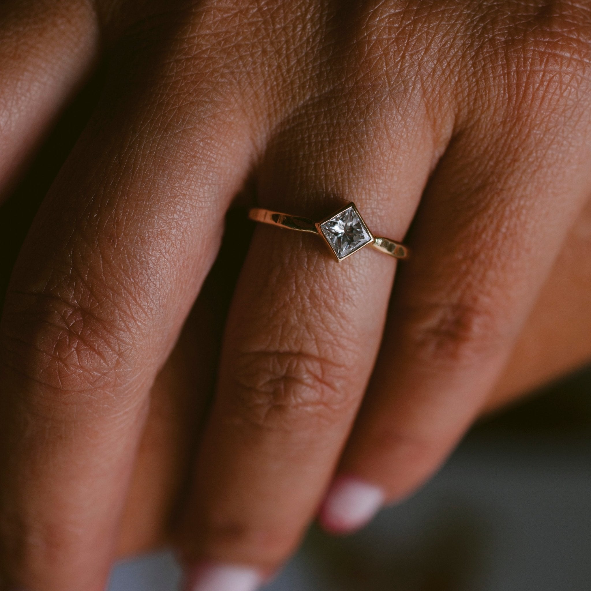 Princess Cut Diamond Bezel Set Engagement Ring Hammered 14k Gold - MTD