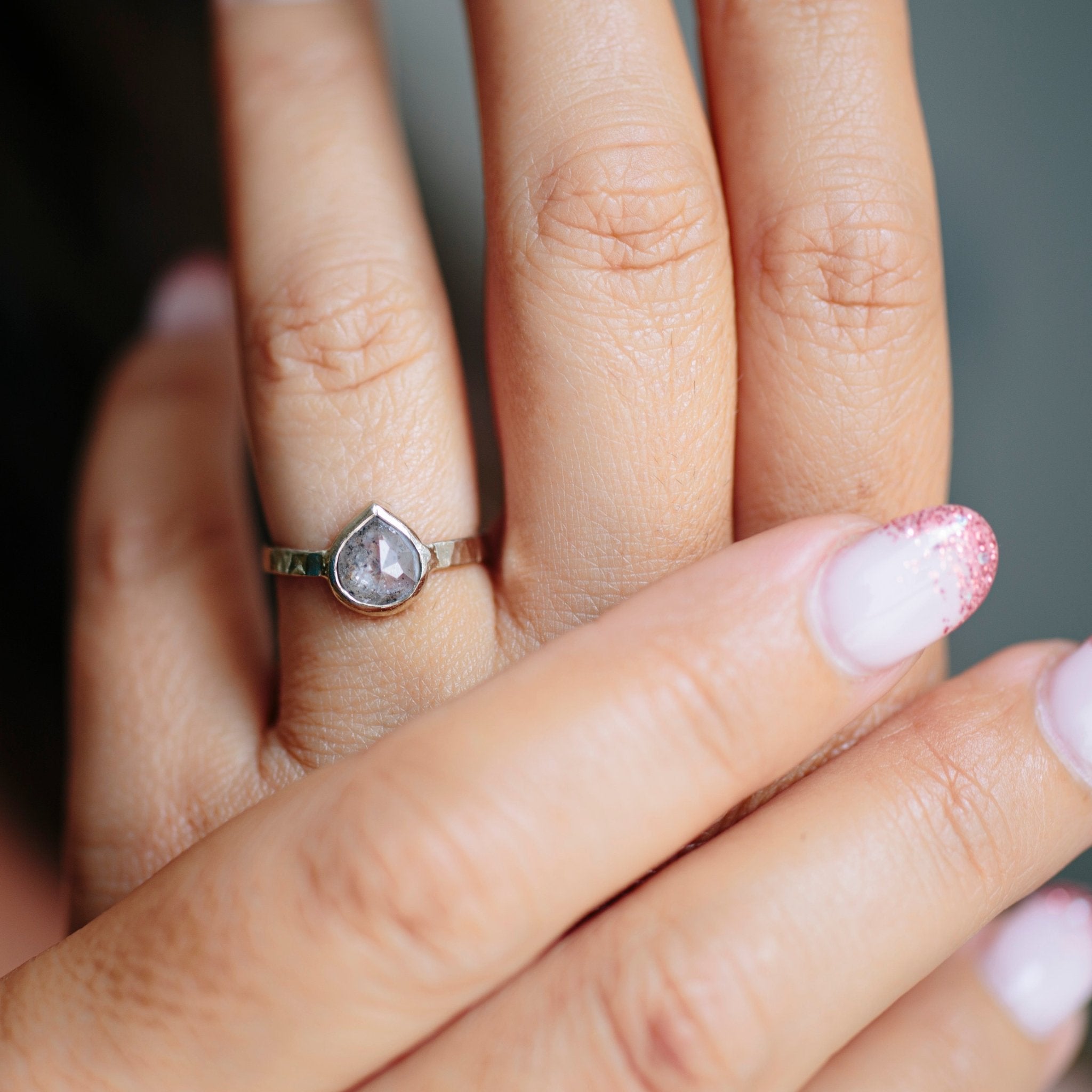 Rain Drops Bezel Set Salt and Pepper Diamond Pear Engagement Ring Hammered 14k White Gold - MTD