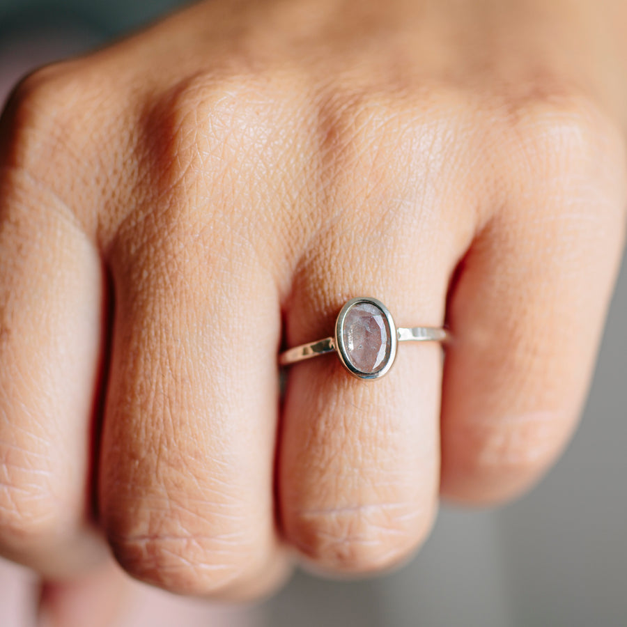 Salt and Pepper Oval Engagement Ring in Natural 14k Hammered White Gold - Melissa Tyson Designs