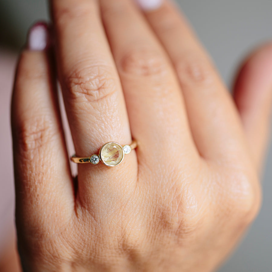 Sunrise Wisp With Diamonds | Three Stone Engagement Ring with Rutilated Quartz and Diamonds - Melissa Tyson Designs