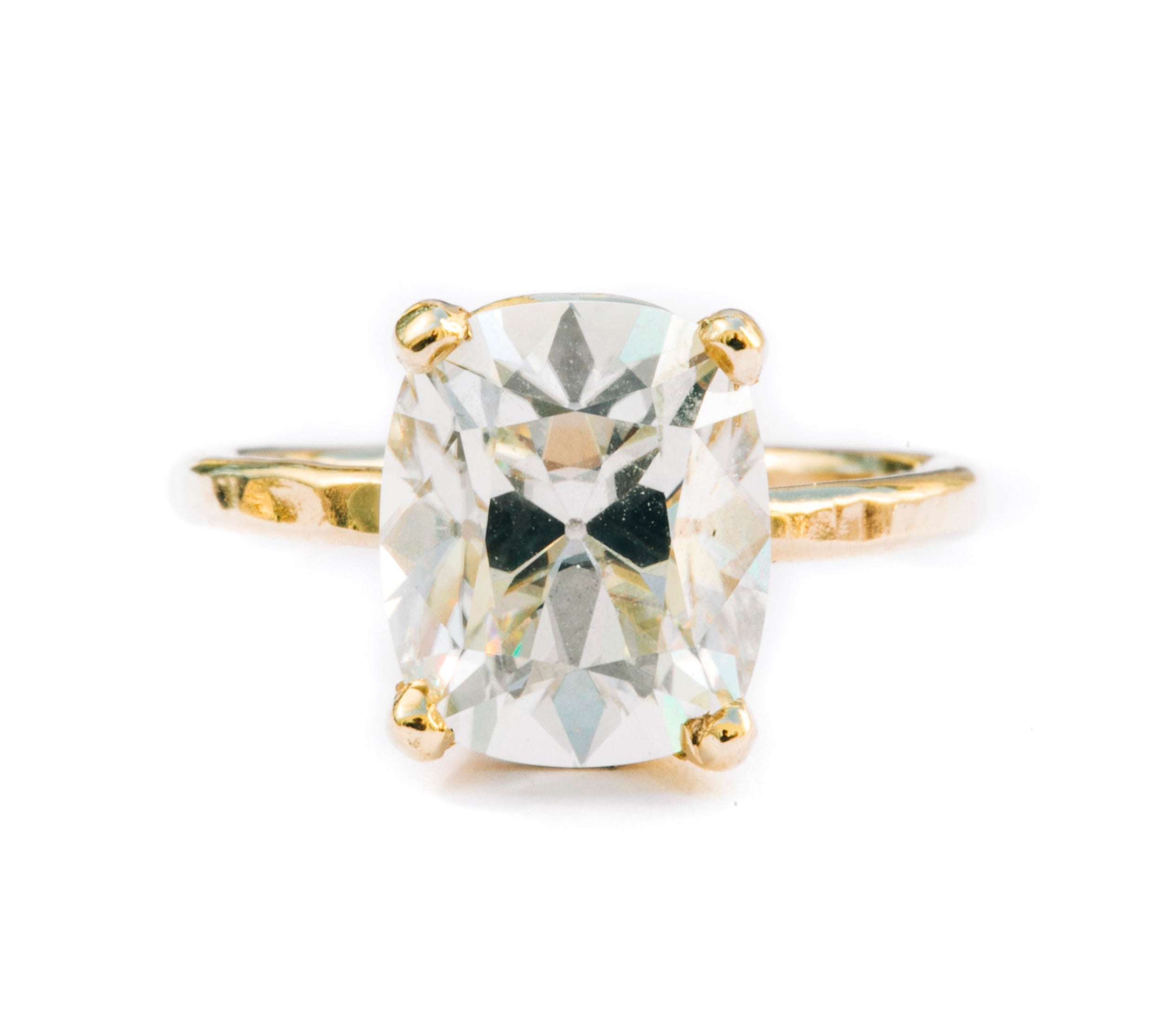 Bijiou Elongated Cushion Cut Moissanite Hammered Gold Engagement Ring