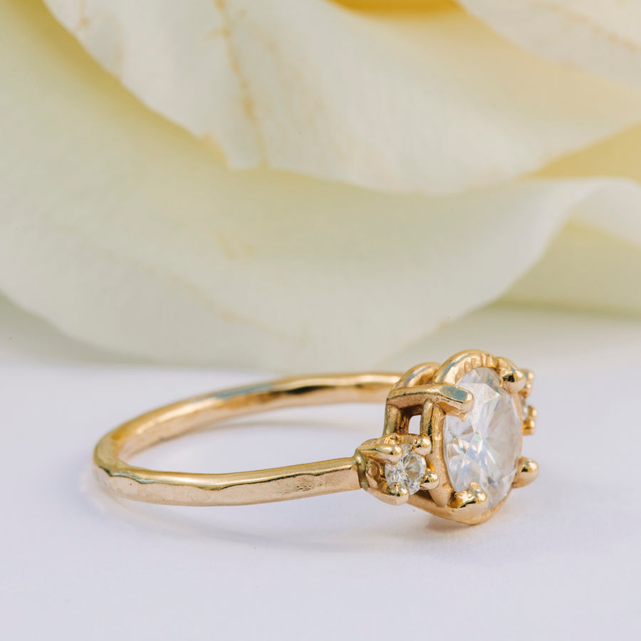 Megan Three Stone Moissanite in Round - Melissa Tyson Designs