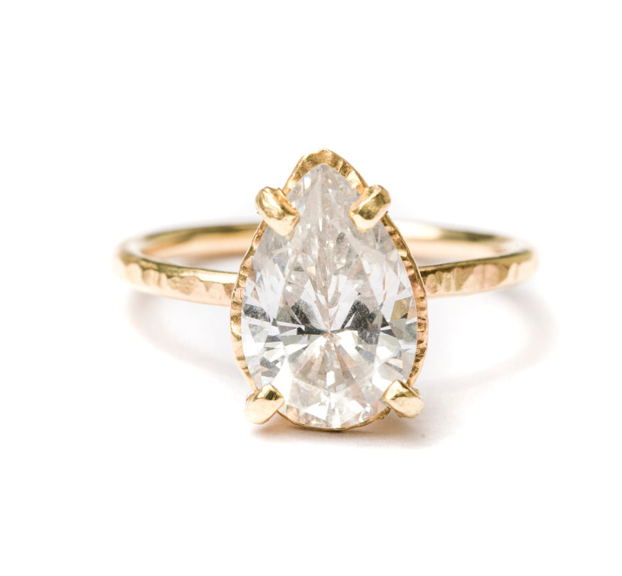 Moissanite Hammered Halo Ring | Summer Rain Pear Ring | MTD