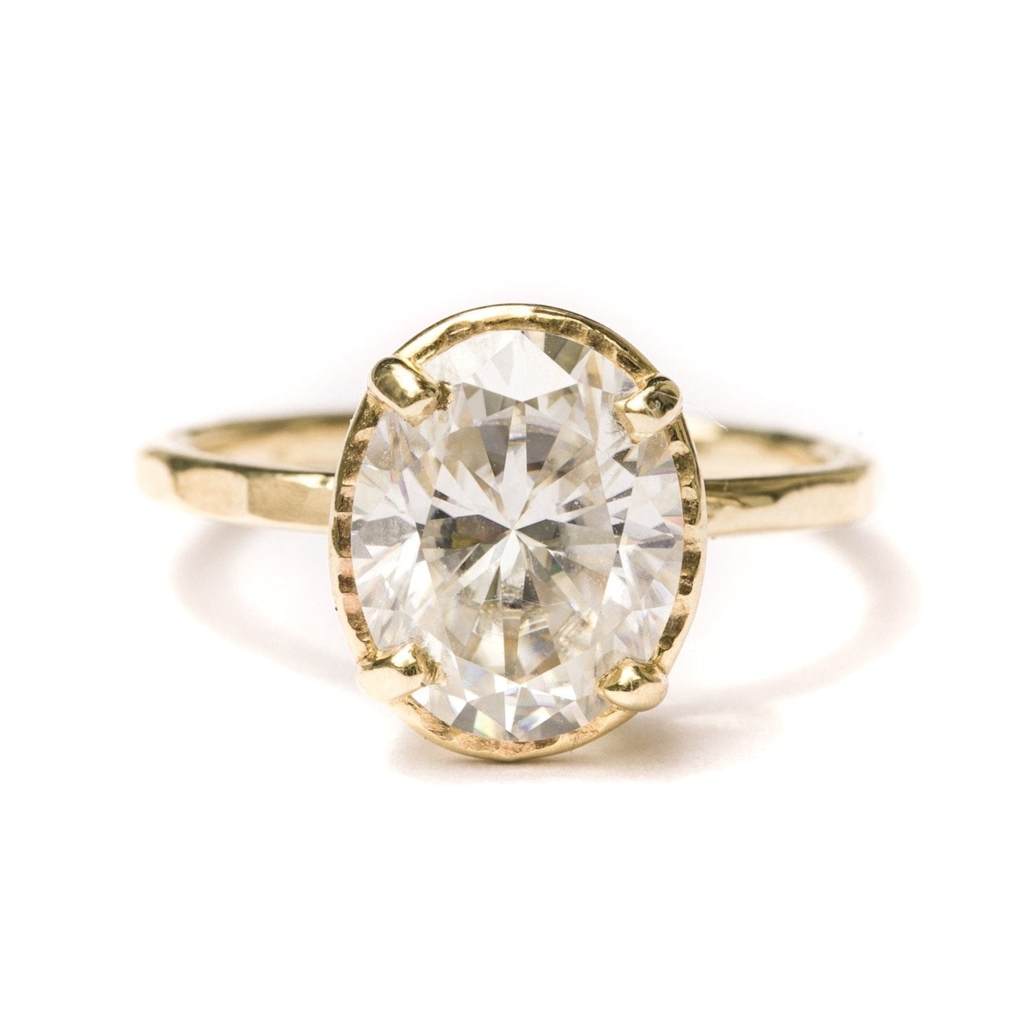 Ahna | Oval Moissanite Engagement Ring Hammered Halo Thin Band - Ready to Ship - MTD