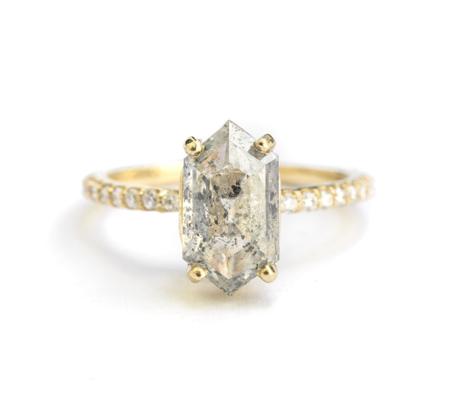 Sabrina | Elongated Hexagon Salt and Pepper Diamond Engagement Ring Pave Diamond Band - MTD