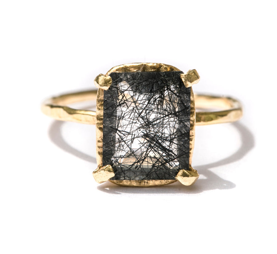 Hammered Halo Nightshade| Black Tourmalated Quartz Ring 14k Hammered Recycled Gold - MTD