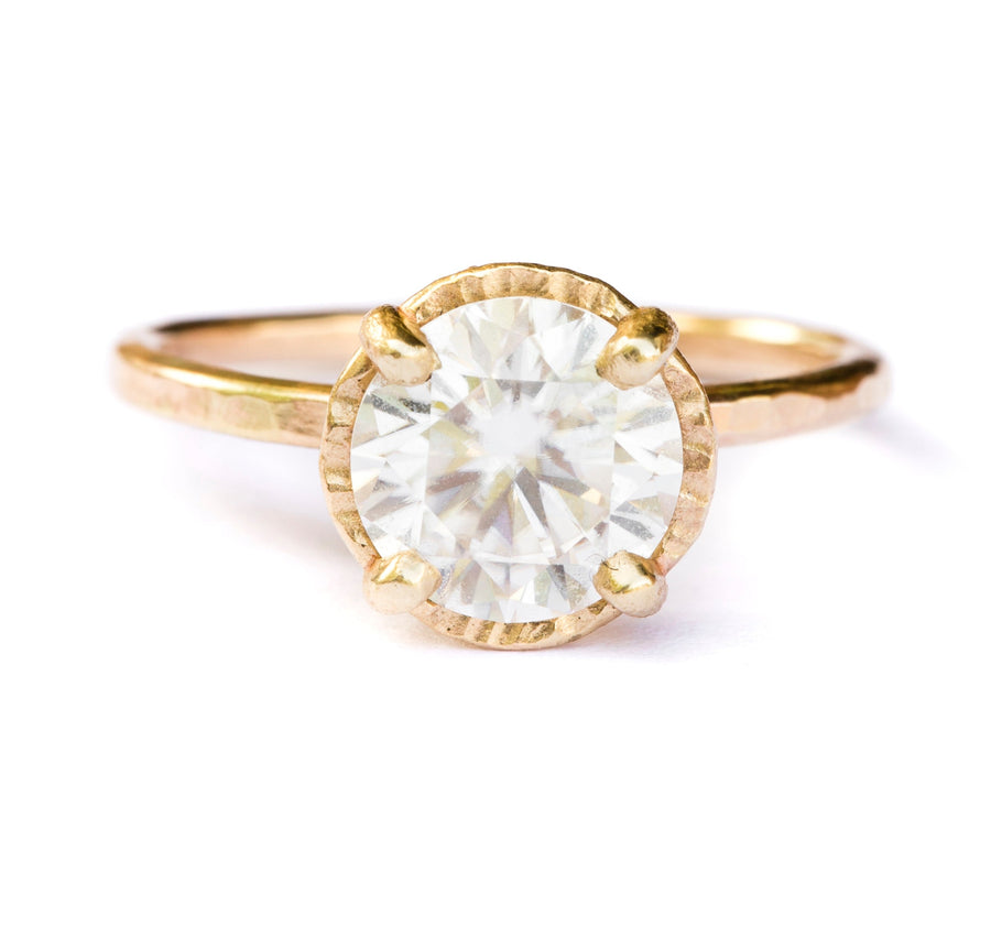 Shine Bright | 2ct Round Moissanite Engagement Ring Hammered Halo 14k Yellow Gold - MTD