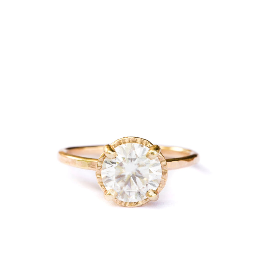 Shine Bright | 2ct Round Moissanite Engagement Ring Hammered Halo 14k Yellow Gold - MTD