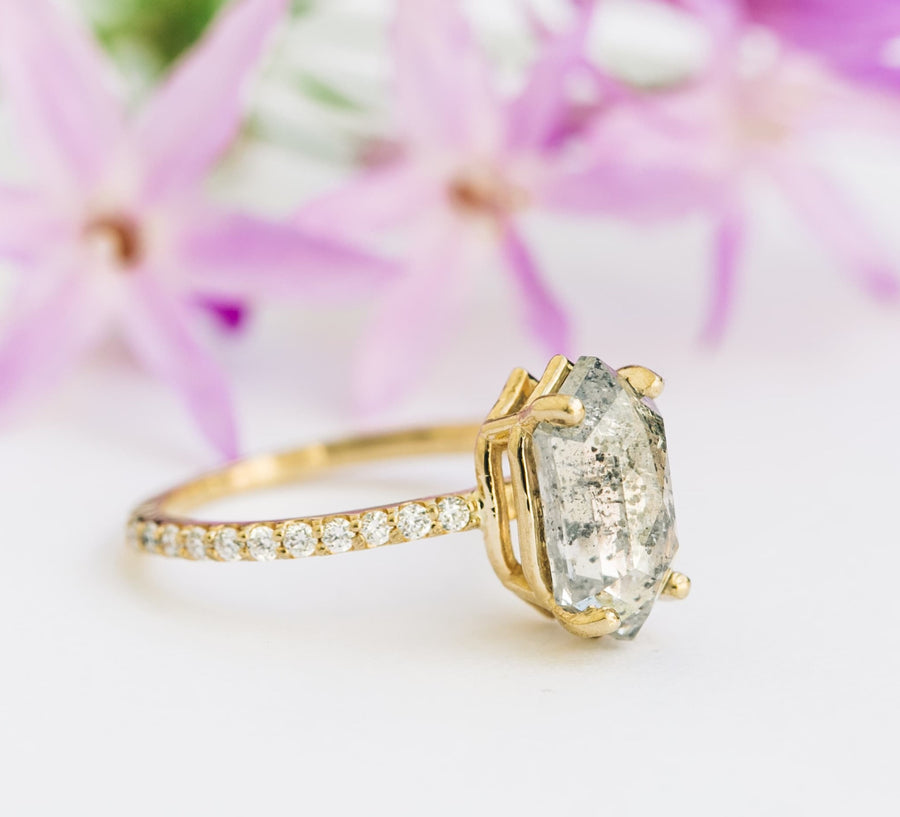 Sabrina | Elongated Hexagon Salt and Pepper Diamond Engagement Ring Pave Diamond Band - MTD