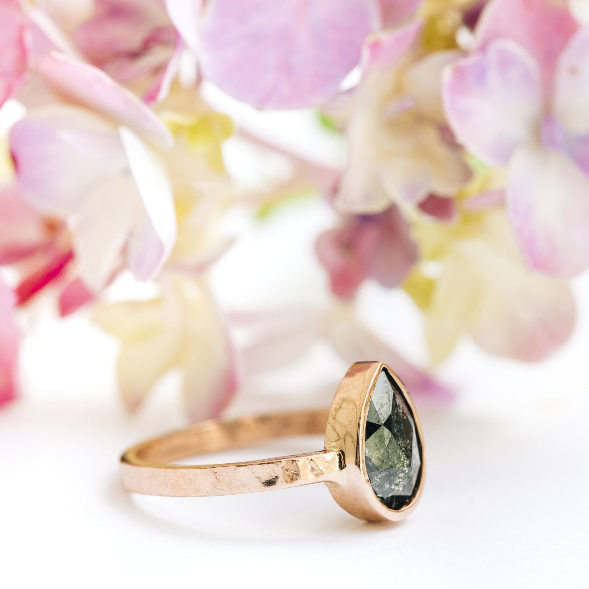 Zoe | Salt and Pepper Pear Diamond Engagement Ring Hammered 14k Rose Gold - MTD