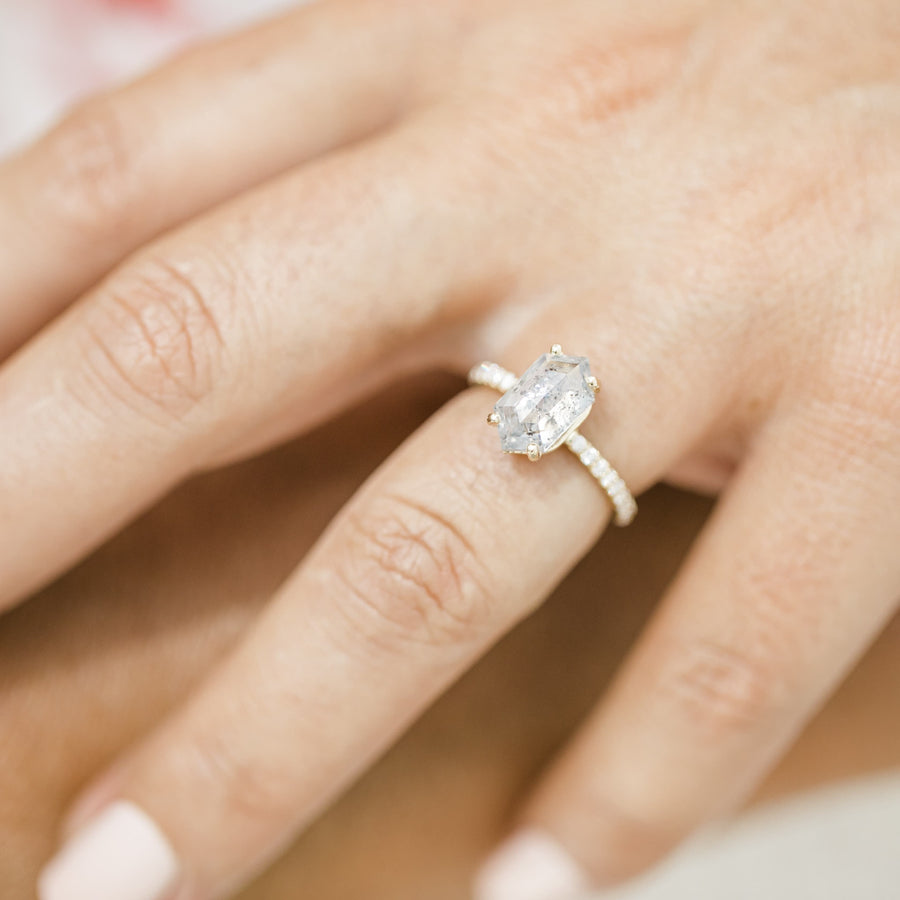 Sabrina | Elongated Hexagon Salt and Pepper Diamond Engagement Ring Pave Diamond Band - MTD