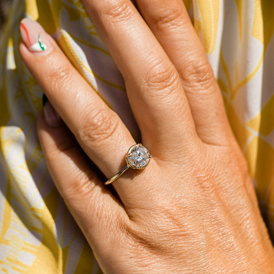 Smooth Shine Bright | 2ct Round Moissanite Golden Halo Engagement Ring Ready To Ship - MTD