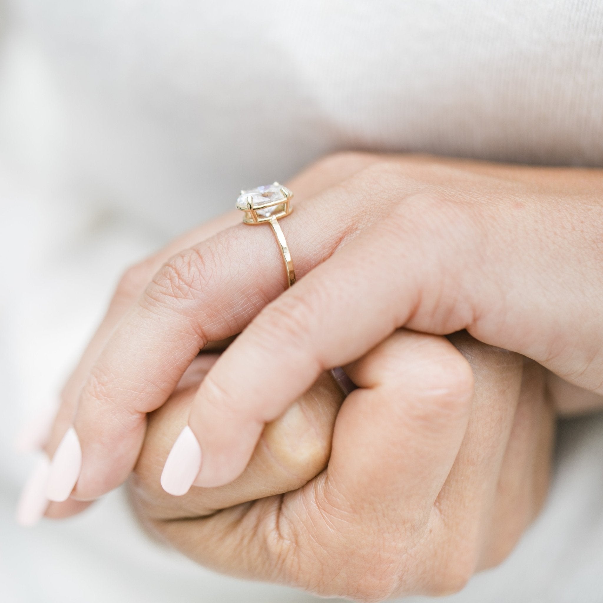 Ahna | Oval Moissanite Engagement Ring Hammered Halo Thin Band - Ready to Ship - MTD