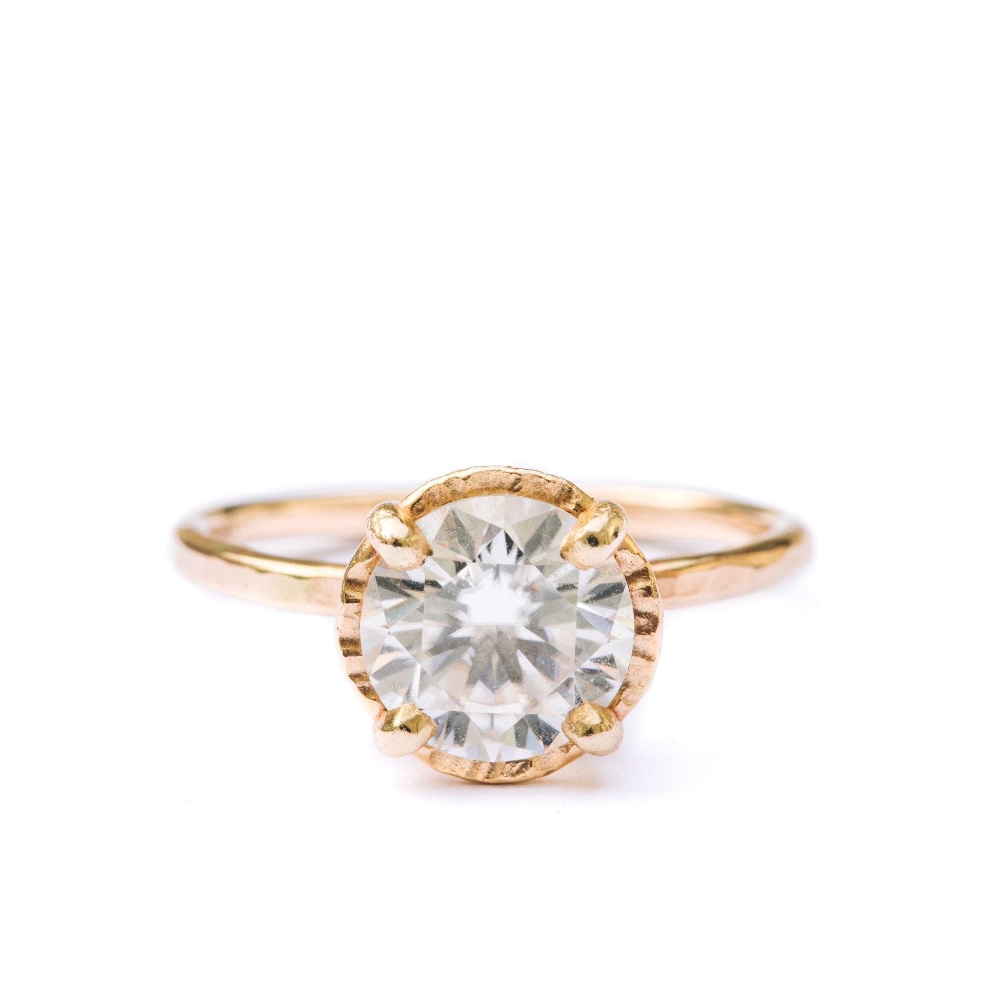 Shine Bright | 2ct Round Moissanite Engagement Ring Hammered Halo 14k Yellow Gold - MTD