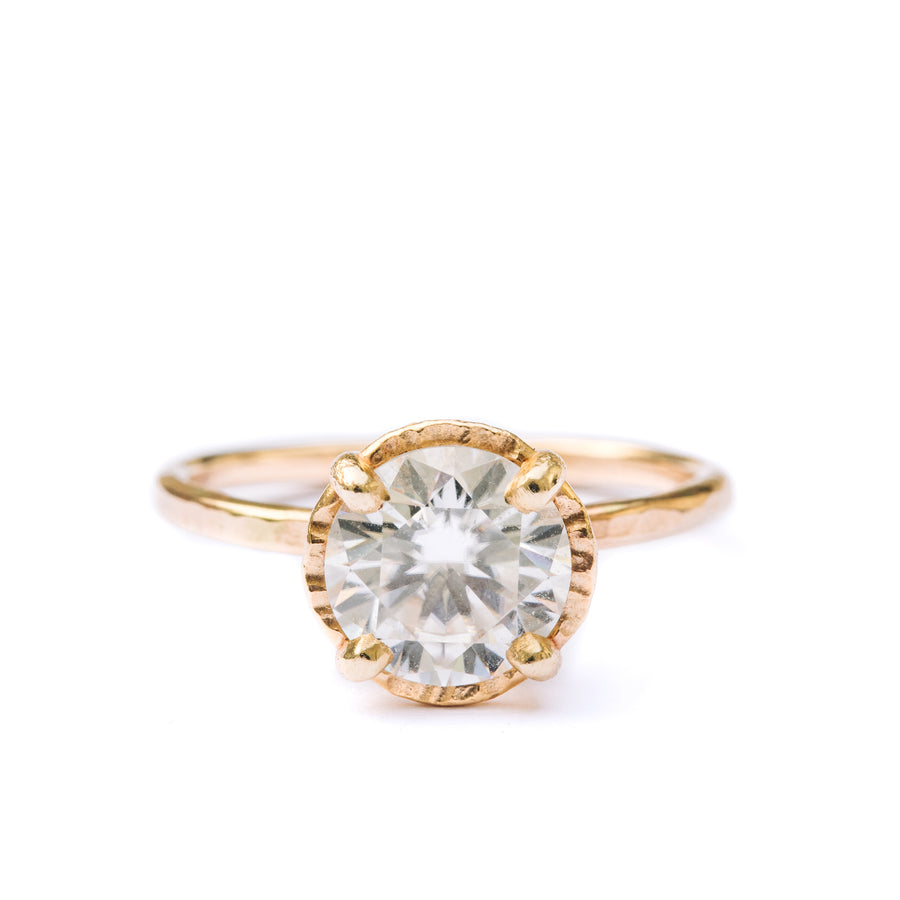 Shine Bright | 2ct Round Moissanite Engagement Ring Hammered Halo 14k Yellow Gold - MTD