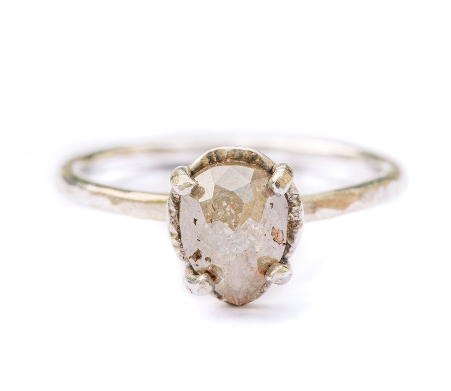 Morning Dew | Salt and Pepper Pear Engagement Ring Hammered Halo 14k White Gold - MTD