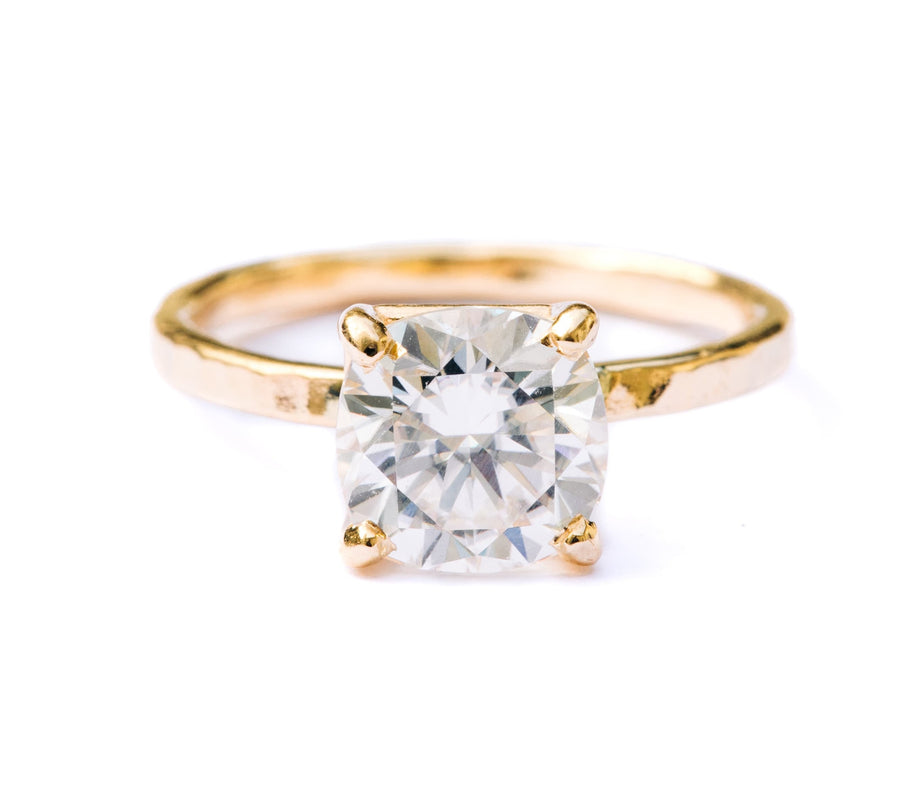 Eva | Cushion Cut Moissanite Engagement Ring Hammered 14k Gold Band - MTD