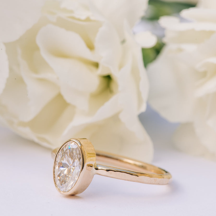 Enchanted | Oval Moissanite Engagement Ring Hammered 14k Yellow Gold - MTD