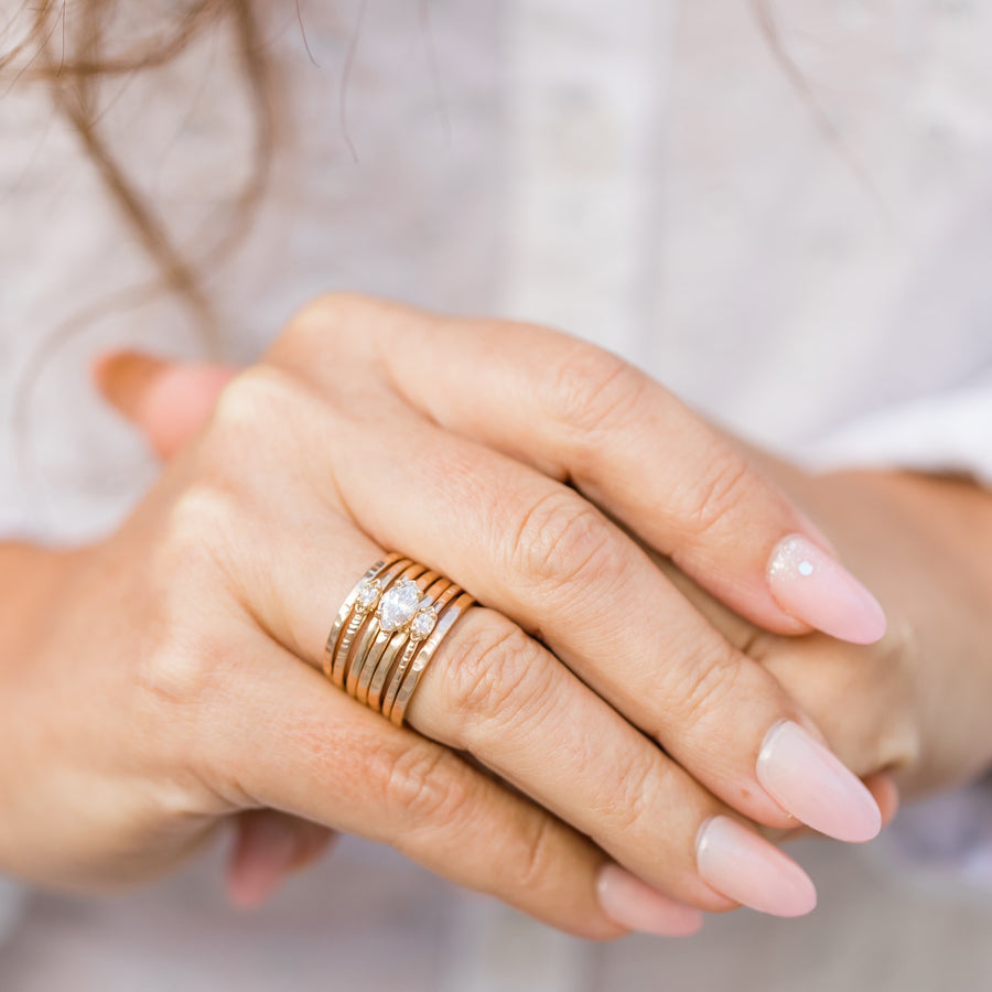 Diane | Thin Hammered Stacking Rings with Diamonds 14k Recycled Gold Engagement Ring Set - MTD