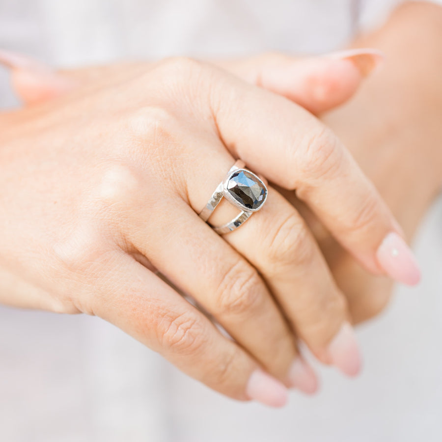 Mysterious | Elongated Cushion Cut Black Rose Cut Diamond Split Band Engagement Ring - MTD