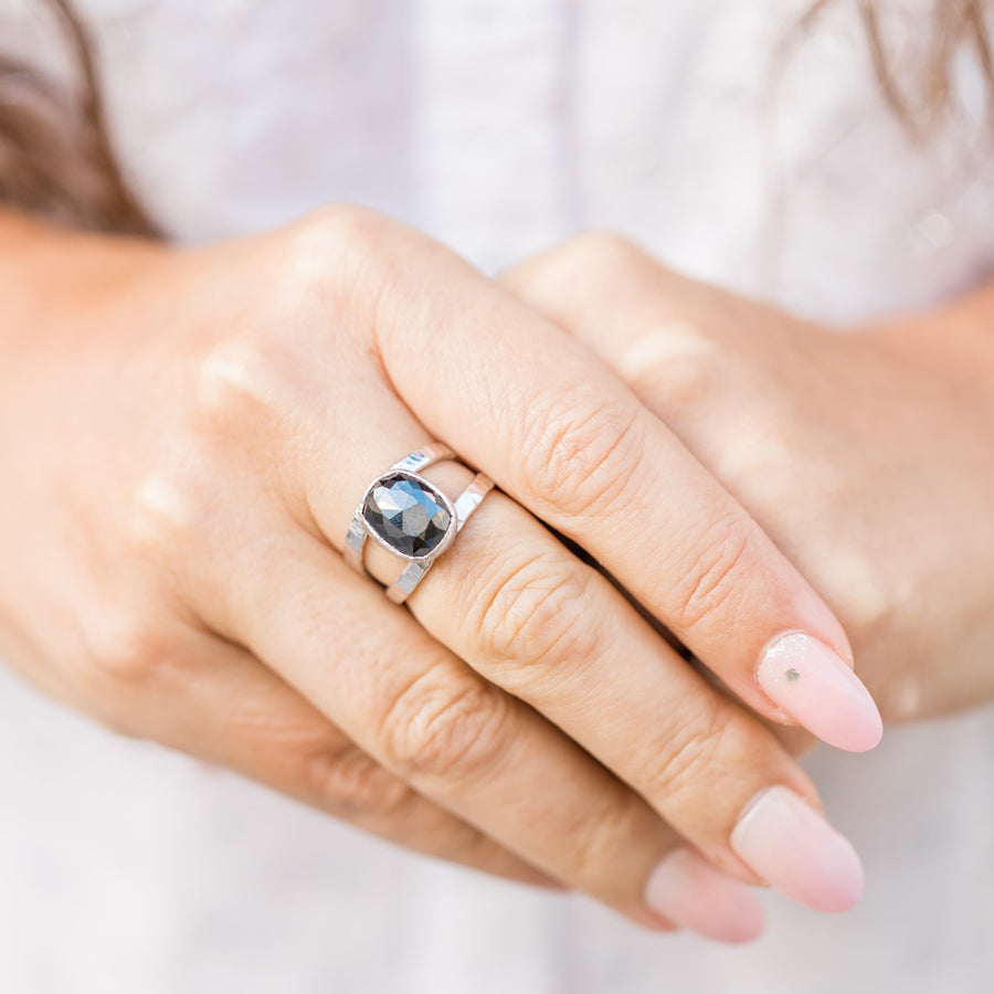 Mysterious | Elongated Cushion Cut Black Rose Cut Diamond Split Band Engagement Ring - MTD