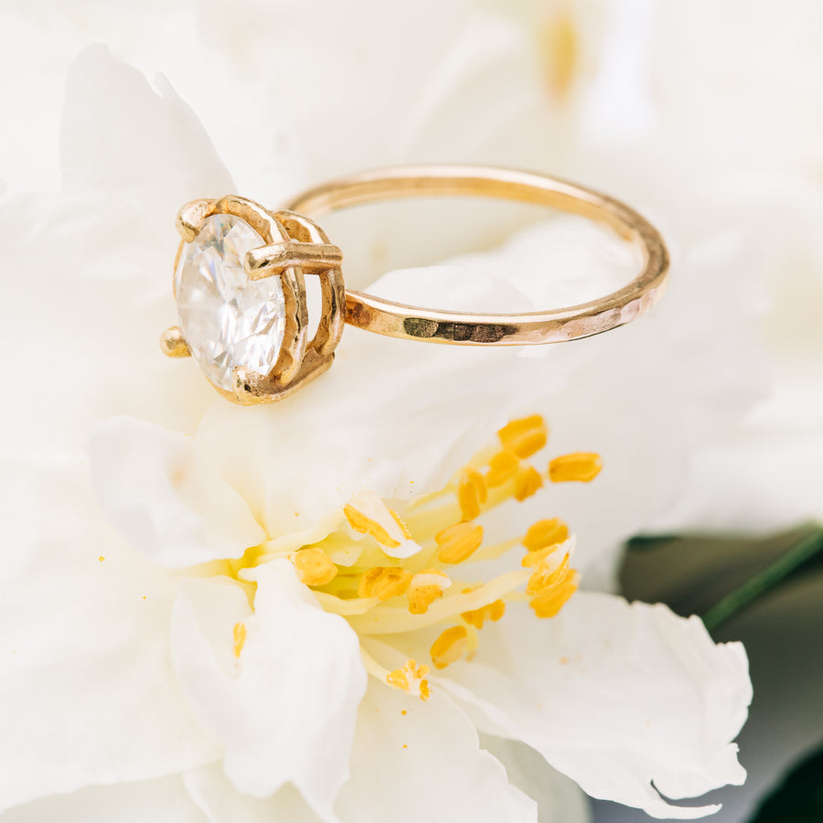 Shine Bright | 2ct Round Moissanite Engagement Ring Hammered Halo 14k Yellow Gold - MTD