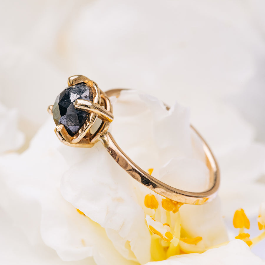 Galactic Dreams | Black Salt and Pepper Round Diamond Engagement Ring Hammered Halo - MTD