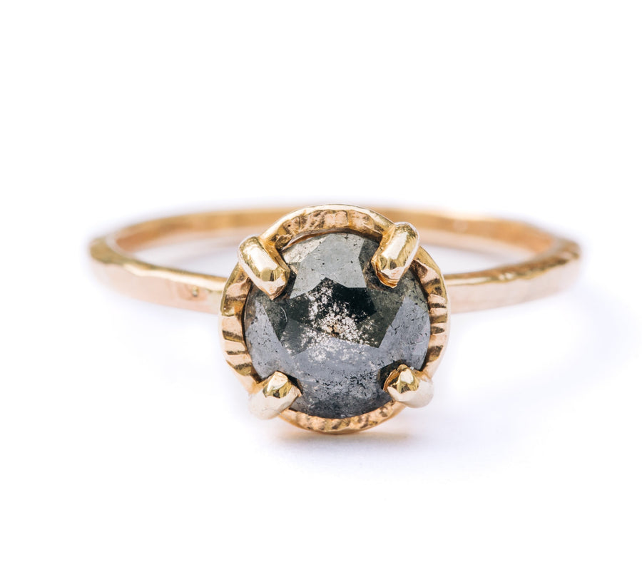 Galactic Dreams | Black Salt and Pepper Round Diamond Engagement Ring Hammered Halo - MTD