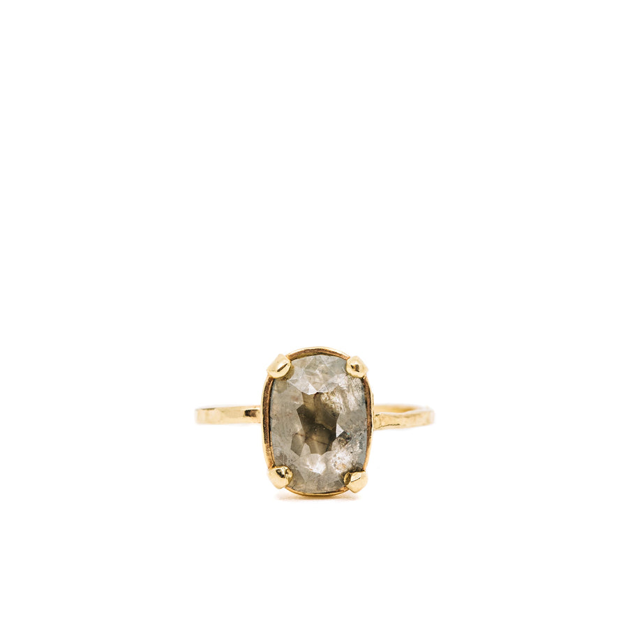 Greta | Oval Salt and Pepper Gray Diamond Engagement Ring Low Profile Hammered Gold Band - MTD